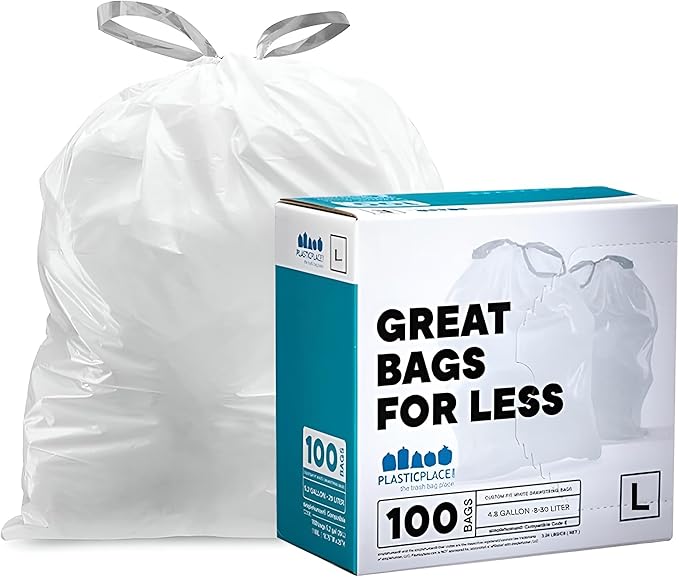 Plasticplace Custom Fit Trash Bags, Compatible with Simplehuman Code L (100 Count) White Drawstring Garbage Liners 4.8 Gallon / 18 Liters, 16.75" x 24.5"