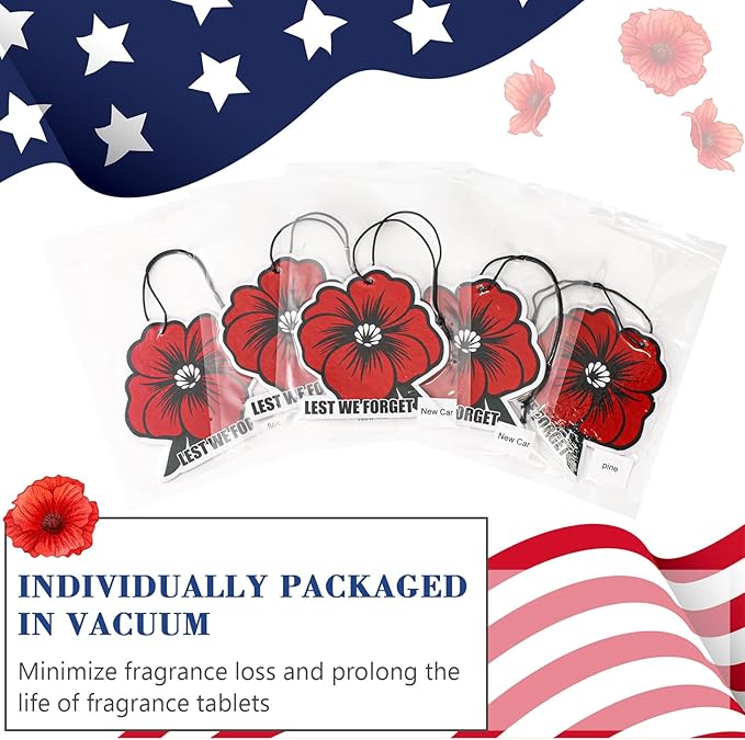 12 Pcs Memorial Day Gifts Bulk Red Poppy Car Air Fresheners Poppy Flowers Hanging Ornaments for Memorial Veterans Day Gifts