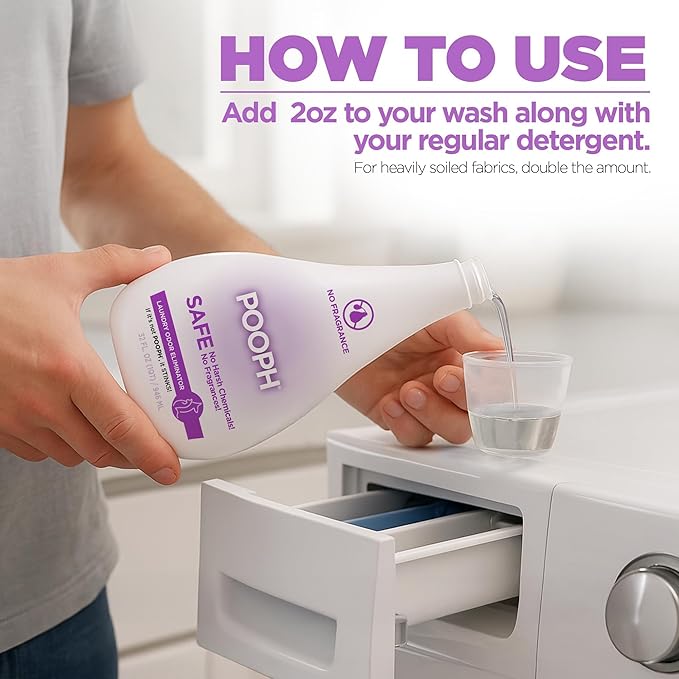 POOPH® Laundry – 32oz Bottle (16 Loads) – Eliminates The Toughest Odors in Washables in a ONE Wash –with NO FRAGRANCES.Just Add 2oz with Laundry Detergent – NO Harsh Chemicals, Safe for People & Pets