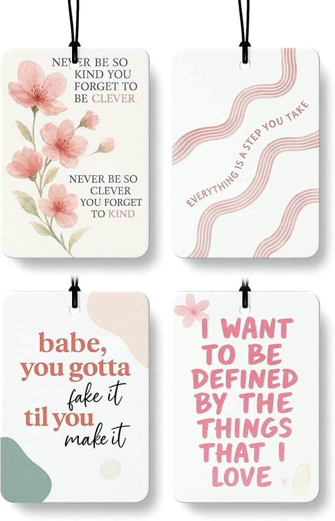 Boho Pink Floral Inspirational Car Air Freshener 4 Pcs, Preppy Girly Motivational Quotes Hanging Air Freshener for Cars Closet Drawer Books, Cute Car Accessories Mirror Decor for Women