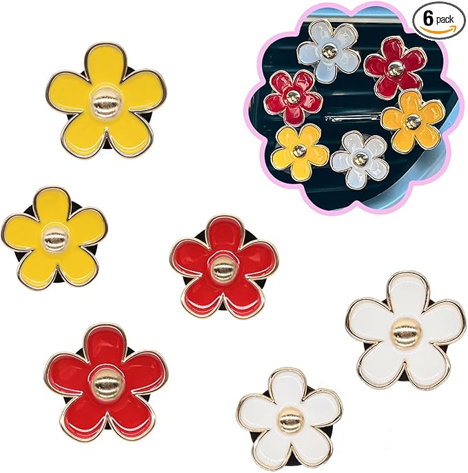 6pcs Flower Car Air Freshener Vent Clips,Red Yellow White Daisy Car Dashboard Accessories,3.3cm/3cm Flower Air Vent Clip for Women,Refillable Car Diffuser Decor
