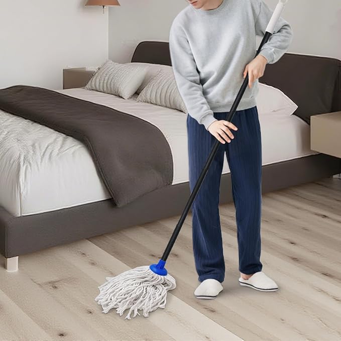 Indoor Mop for Floor Cleaning - Cotton Mops for Floor Cleaning, Regular Mop for Floors, 49-inch Simple Mops for Cleaning Living Rooms, Bathrooms, and Kitchens. (Dark Blue)