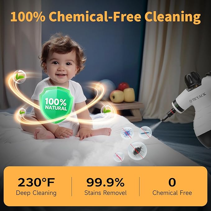 TICYACK Handheld Steam Cleaner, Steam Cleaner with 16 PCS Accessory & Safety Lock, Capacity, Multi-Surface Deep Cleaning for Home, Car, Bathroom, Grout, Floor, Window(White/Black)