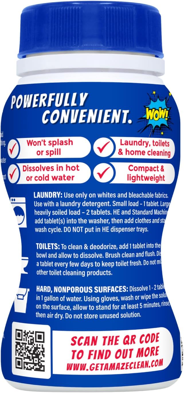 AMAZE Ultra Concentrated Bleach Tablets [6 bottles] - Original Scent - for Laundry, Toilet, and Multipurpose Home Cleaning. No Splash Liquid Bleach Alternative