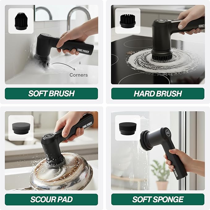 Electric Spin Scrubber – Handheld & Ergonomic, IPX7 Waterproof, 4 Multi-Purpose Brush Heads, Long-Lasting Rechargeable Battery – Cleans Dishes, Bathroom, Tile, Grout & Kitchen (Black)