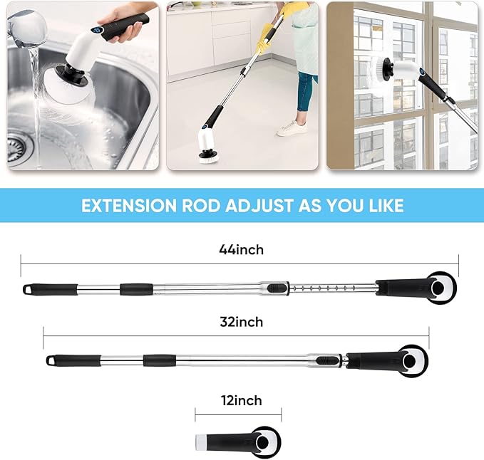 Electric Spin Scrubber, Cordless Cleaning Brush Power Shower Scrubber Long Handle Extendable Handheld Electric Scrubber for Bathroom Floor Tub Tile with 8 Replaceable Brush Heads & Hook