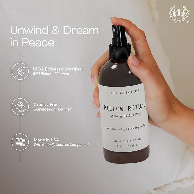 Muse Apothecary Pillow Ritual - Aromatic, Calming and Relaxing Pillow Mist, Linen and Fabric Spray - Infused with Aromatherapy Essential Oils - 4 oz, Tonka Bean + Amber + Warm Cedarwood, 2 Pack