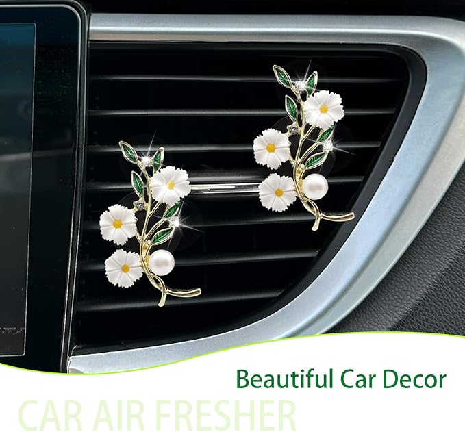 Flowers Car Accessories,2pcs White Daisy Green Leaves Air Vent Clips Car Air Freshener,Flower Car Decor for Women,Girly Refillable Diffuser