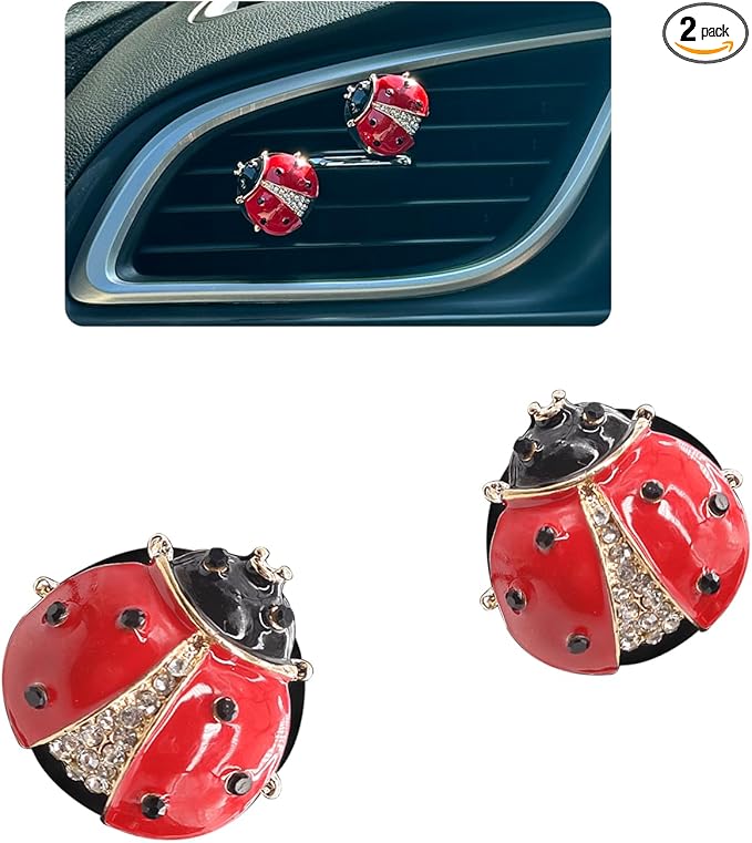 Ladybug Car Decor,2pcs Bling Lady Bug Air Vent Clips Car Air Freshener,Cute Red Car Accessories Gift for Women,Refillable Rhinestone Aroma Diffuser