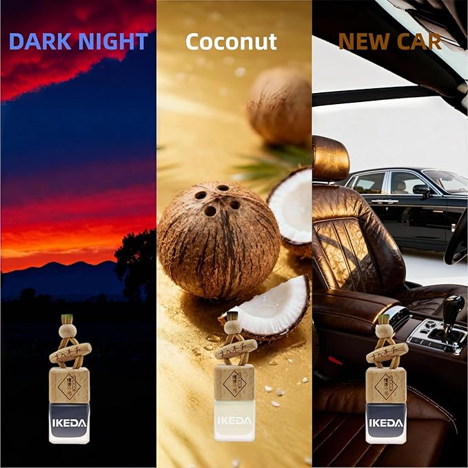 Ikeda Car Air Freshener, Hanging Essential Oil Diffuser For Automotive, 45+ days Long Lasting Fragrance, Includes: Dark Night and Coconut and New Car (10ml Pack of 3)