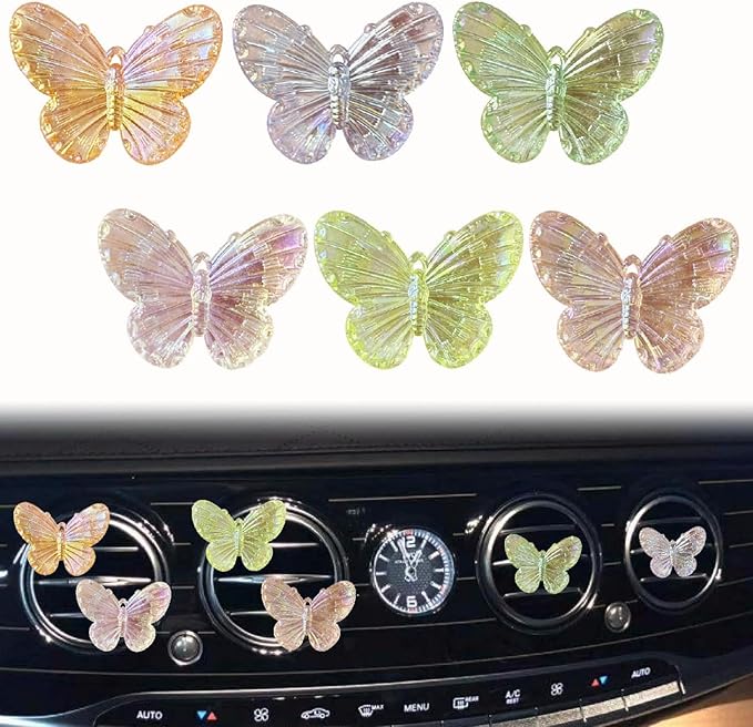 6 Pcs Butterfly Car Vent Clips, Cute Butterflies Cars Air Conditioning Clip Decorations, Charm Automotive Interior Decor for Women Men Accessories, Automotive Air Fresheners（2 Card Slots and 4 Clips）