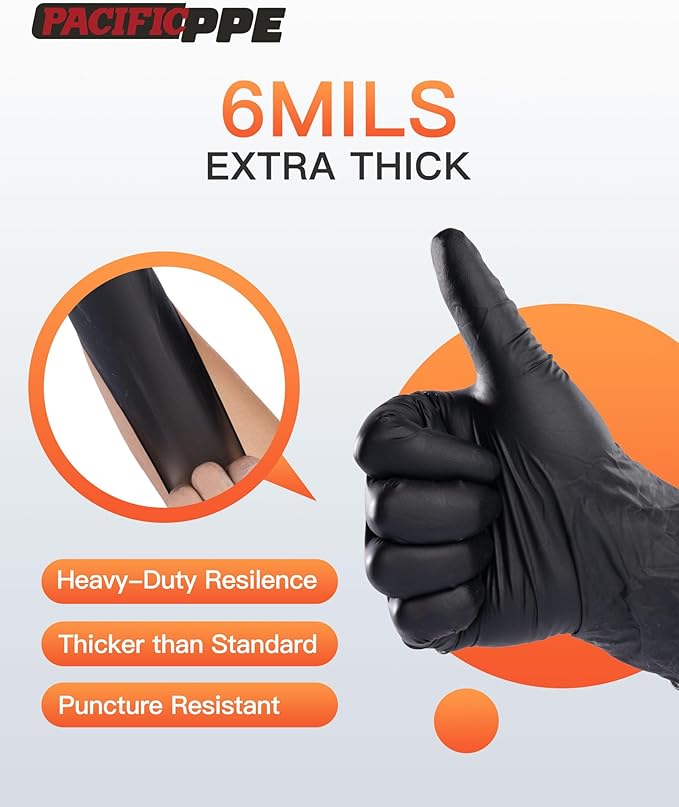 PACIFIC PPE 6-mil Heavy Duty Black Nitrile Gloves, Chemical Resistant, Food Safe, Latex Free Disposable Gloves for Mechanic, Cooking, and Cleaning, 100PCs, Medium