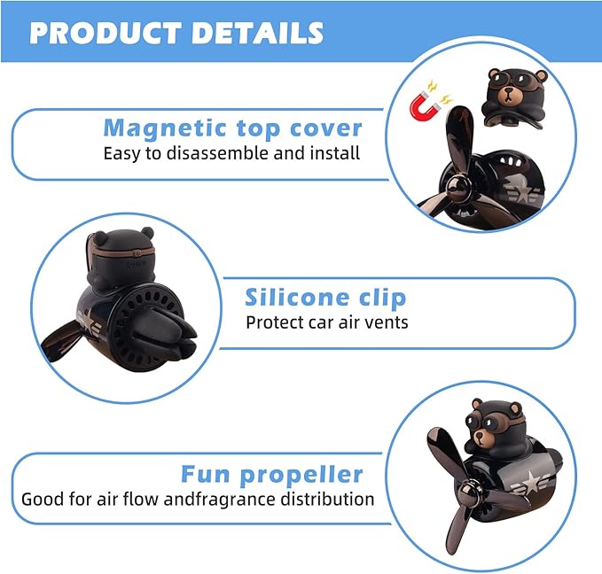 Car Air Freshener Cute Cartoon Bear Pilot Car Diffuser Rotating Propeller Automotive Air Outlet Fan Creative Car Perfume Decoration Cool Car Accessories Comes with 4 Fragrant Tablets