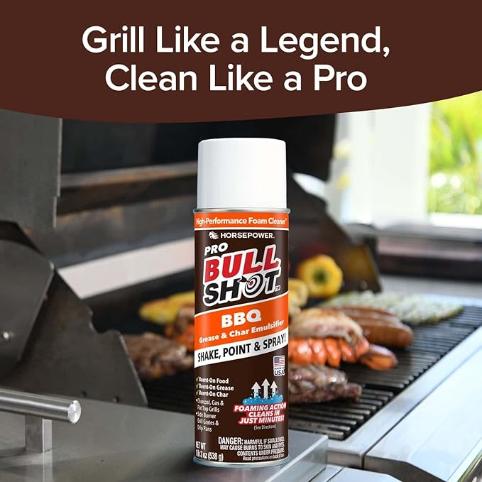 Horsepower Bull Shot BBQ MAX Pro Super-Concentrated Foaming Grill Cleaner, AS SEEN ON TV, Made in USA, Shake, Point & Spray, Emulsifies Grease & Char on Grills, Stove Burners, Drip Pans & More