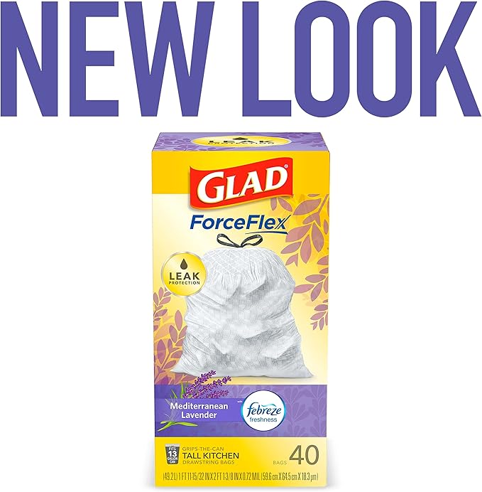 Glad Trash Bags, ForceFlex Tall Drawstring Garbage Bags, 13 Gallon White Trash Bags for Tall Kitchen Trash Can, Mediterranean Lavender with Febreze Freshness to Eliminate Odors, 40 Count (Pack of 2)