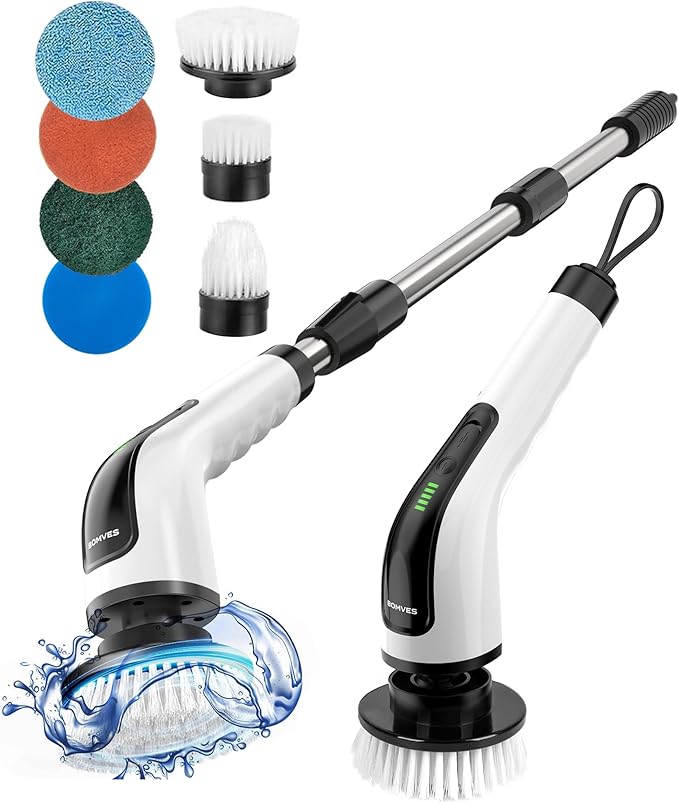 Electric Spin Scrubber, Cordless Cleaning Brush Scrubber for Home, 8 Replaceable Brush Heads-90Mins Work Time, 3 Adjustable Size, 2 Speeds for Bathroom Shower Bathtub Glass Car