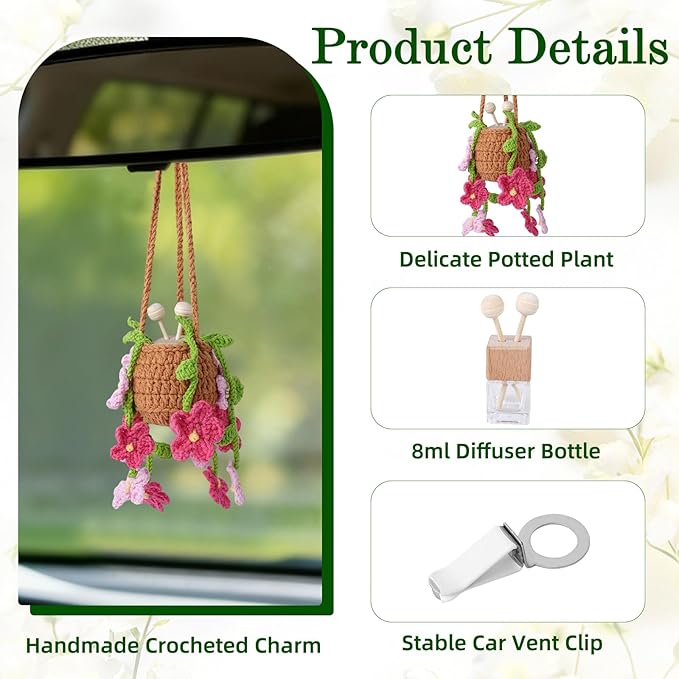 Crochet Car Air Freshener, 8 ml Empty Refillable Oil Diffuser Bottle with Hanging Crochet Red Daisies Plant & Hanging Tools, Car Rearview Mirror Diffuser for Wall Art & Home & Office Decoration