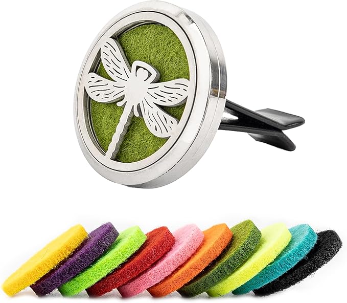 AUEAR, Dragonfly Car Diffuser Vent Clips Aromatherapy Essential Oil Diffusers 30mm Stainless Steel Lockets with 10 Felt Refill Pads