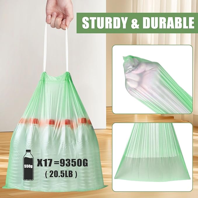 4 Gallon Trash Bags Drawstring 100 Count, JUKFITA Strong Small Garbage Bag, Unscented Trash Can Liners for Bathroom Restroom Office Kitchen, Green