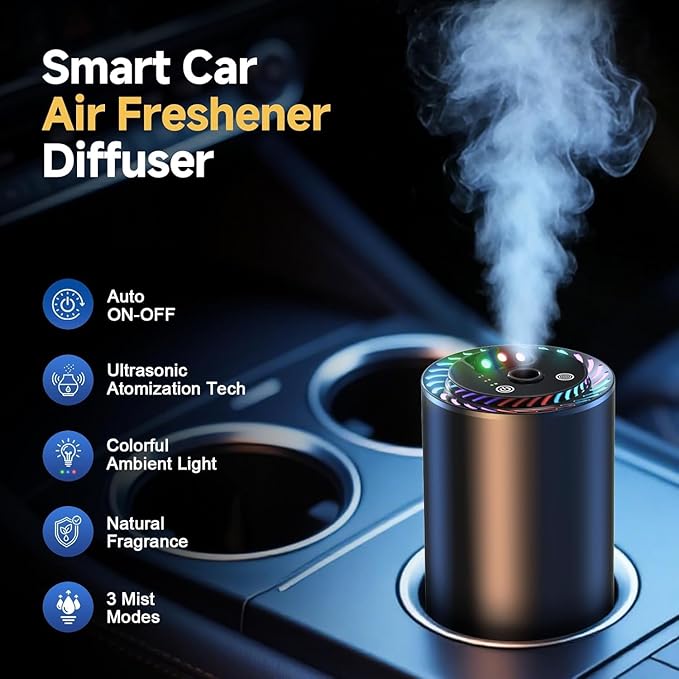 Smart Car Air Freshener with Star Light & 150ml Diffusers Oil Refills, Auto On/Off Aroma Diffuser, 3 Adjustable Modes Rechargeable Aromatizante para Carro - Car Diffuser（Cologne*3）