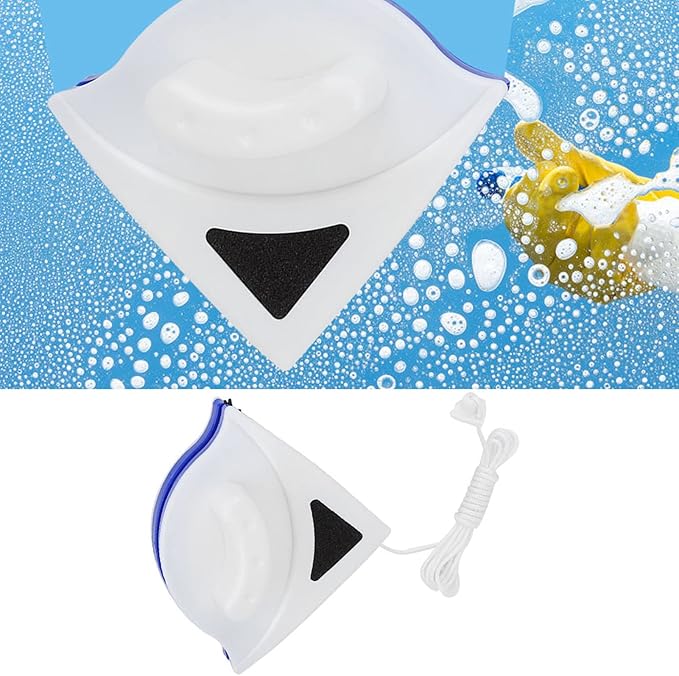 Magnetic Brush Cleaner, Double Side Window Glass Tool. Easy to, Strong Absorption. RUB Corners with The trilateral Design, Easy scrubbing with The Magnetic Design. Double