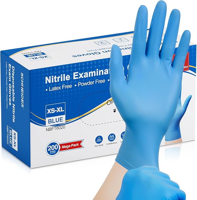 Schneider Nitrile Exam Gloves, Medical Grade Blue Disposable Gloves Latex Free, Rubber Glove for Cleaning, Cooking, Food Prep