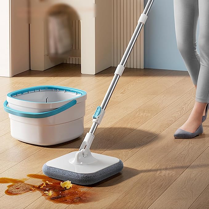 Mop and Bucket Set with Wringer, 360º Spin Mop and Bucket, 2 Microfiber Refills, Height Adjustable Handle, Kitchen Wet and Dry Use, Floor Cleaning System Spin and