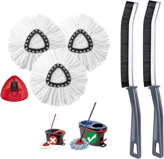 3 Pack White Spin Mop Replacement Heads Compatible with Ocedar RinseClean 2 Tank System Bundle with 2 Pcs Hard Bristle Crevice Cleaning Brush Grout Cleaner for Deep Cleaning