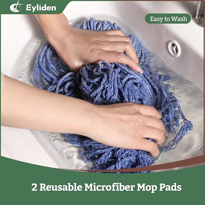 Eyliden String Mop, Cotton Mop with Wet & Dry Non-Touch Replacement, 2 Reusable Heads, 4 Scouring Pads, Adjustable Handle, Home Commercial Floor Cleaning Tools for Tile, Wood, Concrete Surfaces (Blue)