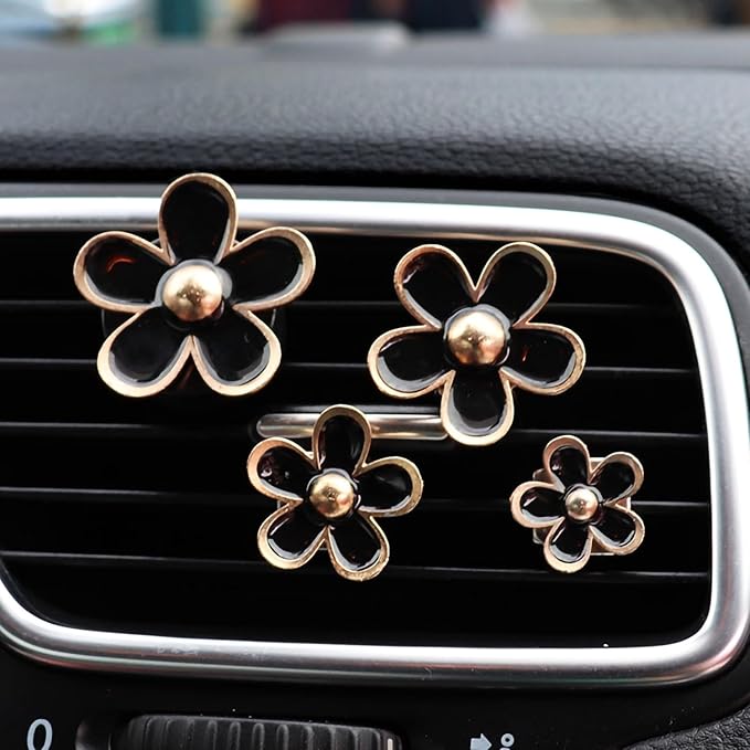 4PCS Daisy Flower Air Vent Clip Air Conditioning Outlet Clip Car Air Freshener Clip Car Interior Decor Charm Colorful Car Interior Accessories for Girls Women (Black)