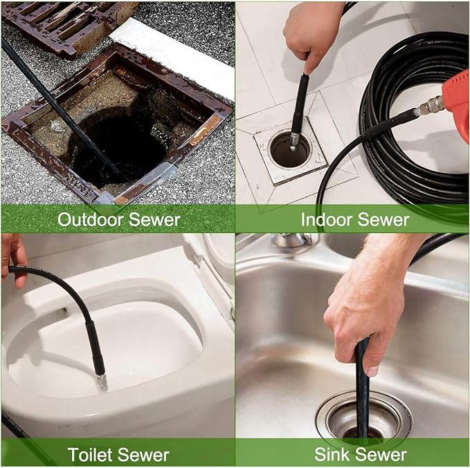 Sewer Jetter Kit 50FT for Pressure Washer, 5800PSI Drain Cleaner Hose 1/4 Inch NPT, Corner, Rotating & Button Nose Sewer Jetting Nozzle with Spanner Waterproof Tape Pearl Corsage Pin