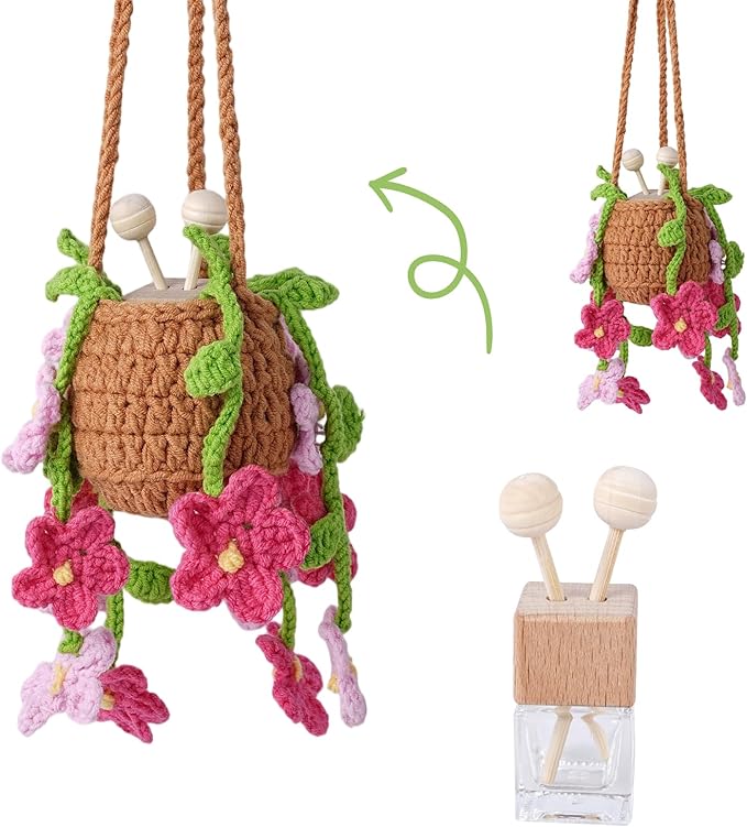 Crochet Car Air Freshener, 8 ml Empty Refillable Oil Diffuser Bottle with Hanging Crochet Red Daisies Plant & Hanging Tools, Car Rearview Mirror Diffuser for Wall Art & Home & Office Decoration