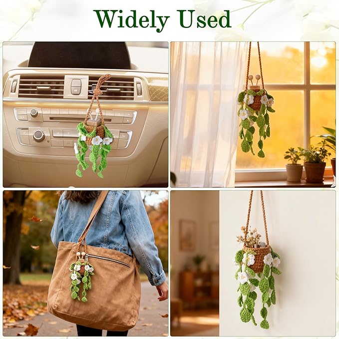 Crochet Car Air Freshener, 8ml Empty Refillable Oil Diffuser Bottle with Hanging Crochet White Daisies Plant & Hanging Tools, Car Rearview Mirror Diffuser for Wall Art & Home & Office Decoration