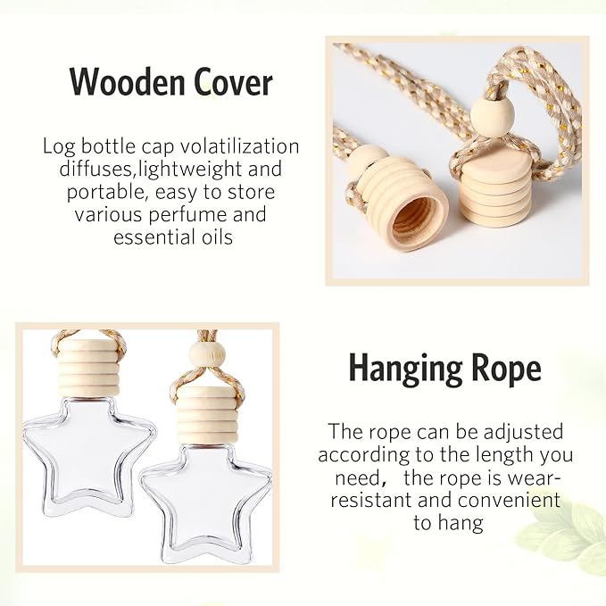 BBTO 100 Pcs Car Air Fresheners Diffuser with Wooden Cap Empty Aromatherapy Diffuser Clear Car Fragrance Holder Pendant Hanging Perfume Fresheners Bottles for Decor(Star,Clear)