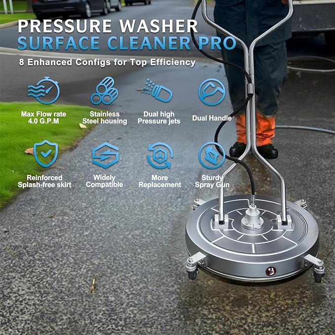 RAYNEL 30'' Pressure Washer Surface Cleaner with 4 Wheels, Dual Handle, Stainless Steel Housing, 2 Hose Adapters, 4 Replacement Nozzles and 5 Spray Nozzles