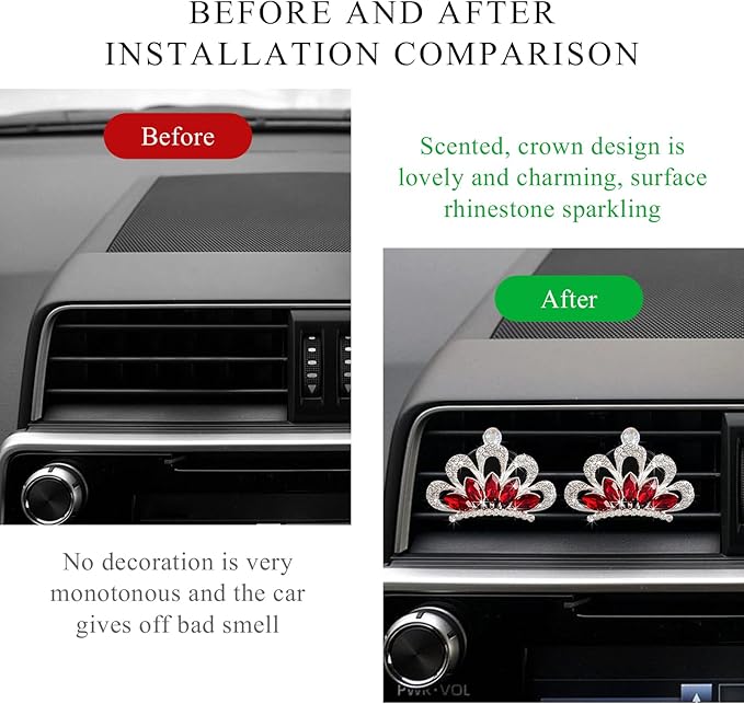 2 PCS Bling Car Air Vent Clips, Crystal Rhinestone Crown Vent Decorative Air Freshener Clips, Sparkly Diamond A/C Outlet Aroma Diffuser Clip for Vehicles, Car Accessories (Red)