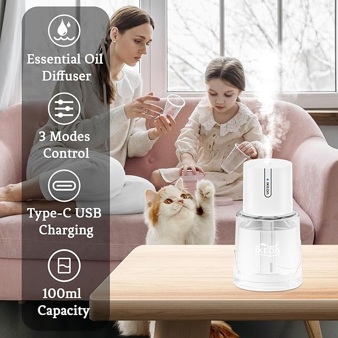 Ikeda Car Diffusers for Essential Oils,100ml Glass Car Essential Oil Diffuser, Smart Car Air Freshener Diffuser with 3 Adjustable Modes, Auto On/Off & 300mAH Battery Operated Car Aroma Diffuser, White