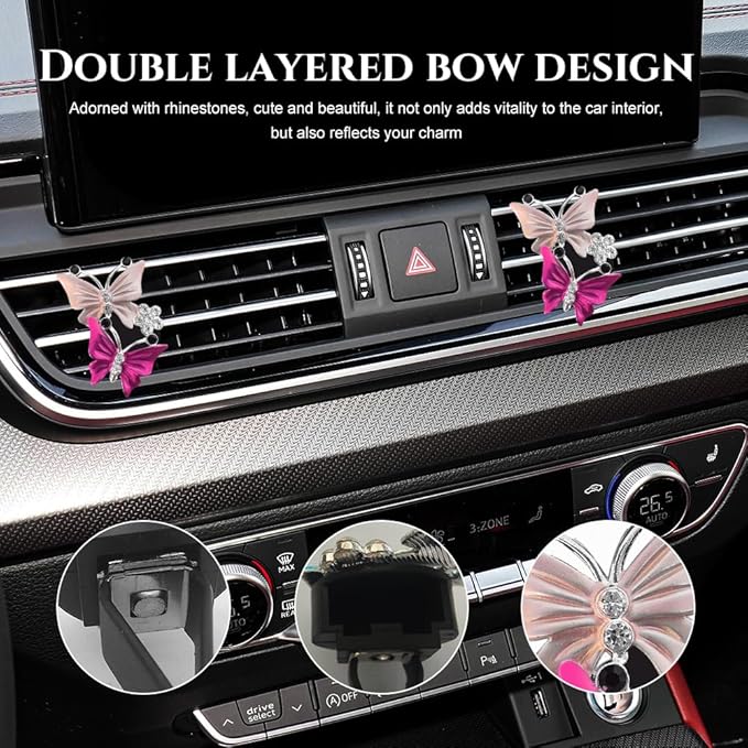 2PCS Car Air Vent Clips, Dual Butterfly Diamond Car Air Conditioner Outlet Vent Clip, Cute Car Diffuser Perfume Clip, Car Air Freshener Decor Accessories for Women Girl (Dark Pink, Style 1)