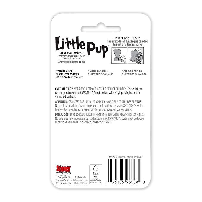 Little Pup 96628-6PK Vanilla Scent Car Air Freshener Clip Provides Long-Lasting Freshness in a Compact Design, Fights Odors for up to 45 Days, Cute Car Odor Eliminator, Non-Toxic, Pack of 6