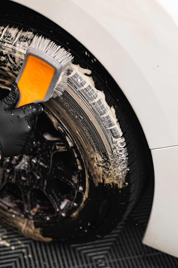 Detail Factory - ProGrip Tire Brush - Ergonomic ProGrip Handle, Stiff Synthetic Bristles, Ergonomic Design, Efficient Tire Brushes for Cleaning Tires - Solar Flare