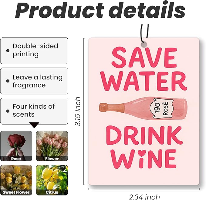 Cute Pink Girly Car Air Freshener 4 Pcs - Trendy Pink Ticket Girl Wine Hanging Air Freshener for Cars Closet Drawer Books, Girly Car Accessories Mirror Decor for Women