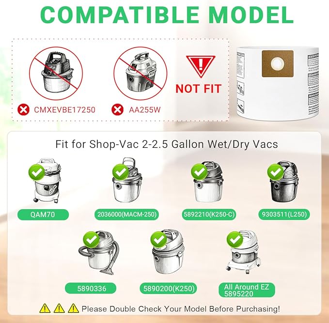 12 Pack 90668 Type B Filter Bags Compatible with Shop Vac 2-2.5 Gallon Dust Collection Filter Bag, All Around QAM70, Part# 90668/549712 9066800 9066833 L250 CMXZVBE38774