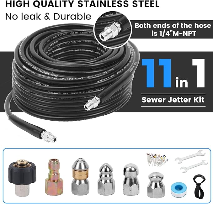 50FT Sewer Jetter Kit for Pressure Washer, 5800 PSI Water Jet Drain Cleaner Hose With Corner Rotating Button Nose Nozzle, 1/4 Inch NPT, Spanner Handle and Strap