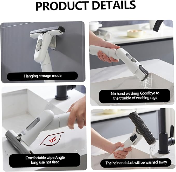 Portable Mini Mop,Hand Mop Hand-Wash Free Self Squeezing Mini Mop, Wet ＆ Dry Use Spray Mop for Small Spaces, Mirror, Dining Table, Tabletop, Car Window, White