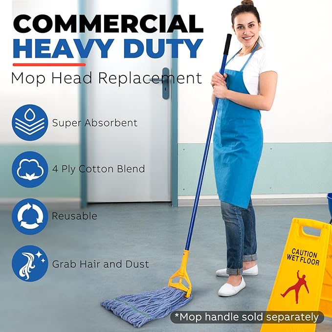 Onesimus 20 oz Mop Head Replacement, Industrial Mops for Floor Cleaning Heavy Duty 4-Ply Cotton Blend Looped End Wet Mop Refills 1.25 in Universal Headband Fit Most Handles, 6 Pack Large Blue