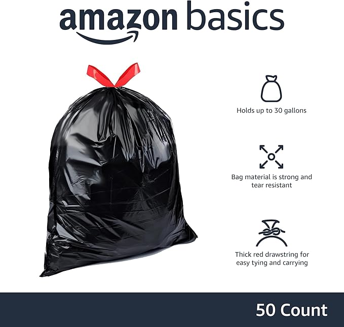 Amazon Basics Multipurpose Drawstring Trash Bags,30 Gallon,(Previously Solimo),50 Count (Pack of 6)