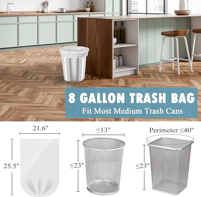 8 Gallon Trash Bags - 50 Count 8 Gal Medium Trash Bags, Unscented White 8 Gallon Garbage Bags