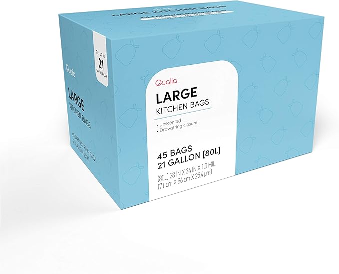 UNSCENTED 21 Gal / 80 Liter | Drawstring Closure Trash Bag | Heavy Duty By Qualia (UNSCENTED, 90 BAGS)