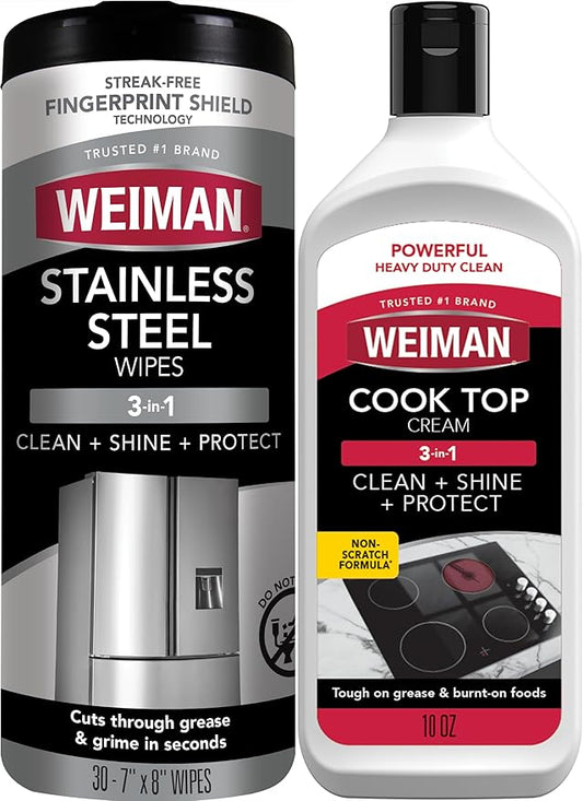 Weiman Heavy Duty Cooktop Polish & Stainless Steel Wipes - Powerful Appliance Kitchen Cleaning Kit - Packaging May Vary