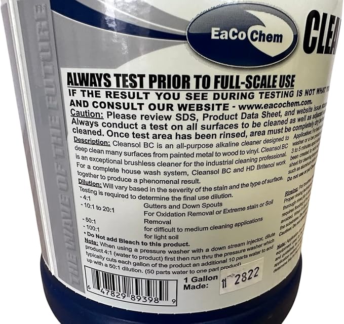 EaCo Chem Cleansol BC - Brushless Oxidation and Soil Remover for Most Surfaces - Highly Dilutable, All-Purpose Cleaner - Remove Deep Staining from Painted Metal, Wood, Vinyl + More! - 5 GALLON